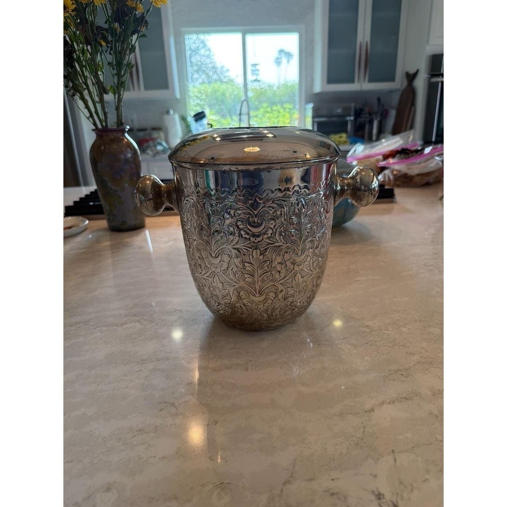 Vintage William Adams Silverplate Repousse‎ Ice Bucket with Lid and Handles